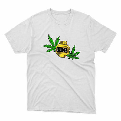420 Watch Shirt - stickerbull420 Watch ShirtShirtsPrintifystickerbull26412166587928404778WhiteSa white t - shirt with a marijuana clock on it